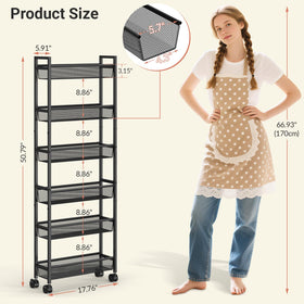 ThreeHio slim storage cart side view highlighting 6-inch width fits between appliances