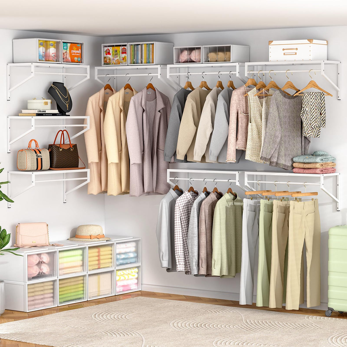 ThreeHio space-saving closet storage solution keeps items neatly stored.