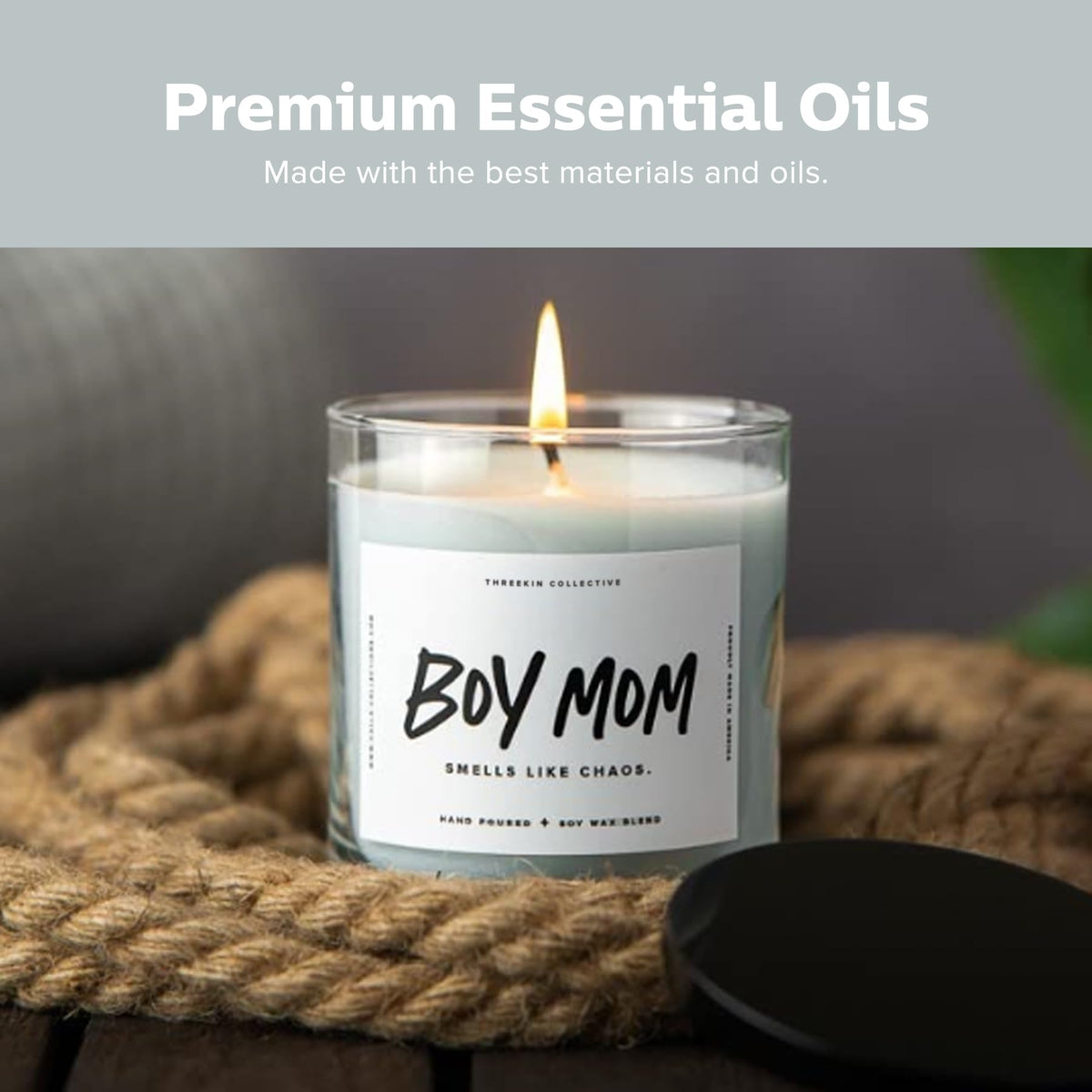 ThreeKin Collective cotton wick visible, designed for steady scent release.