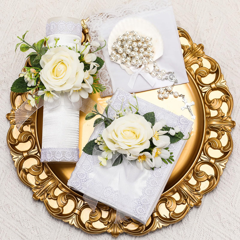 Threlaco baptism candle set in white with flower, a versatile christening keepsake.