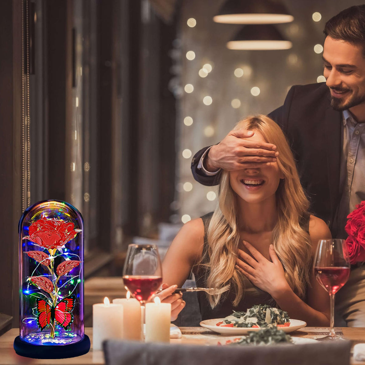 Thrjia LED rose light under glass dome for elegant home decor