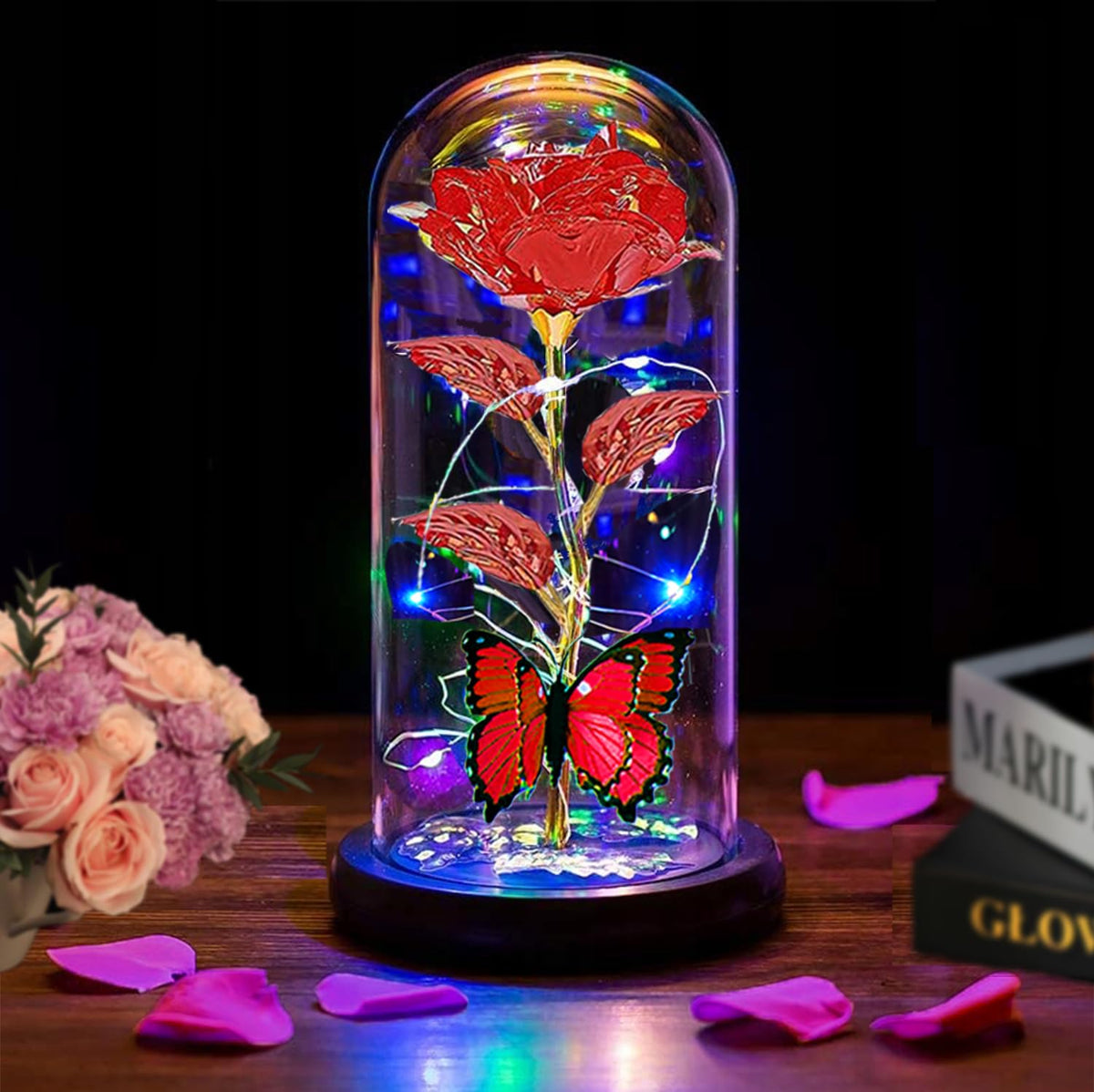 Thrjia light up rose in a glass dome adds warm ambiance for mom