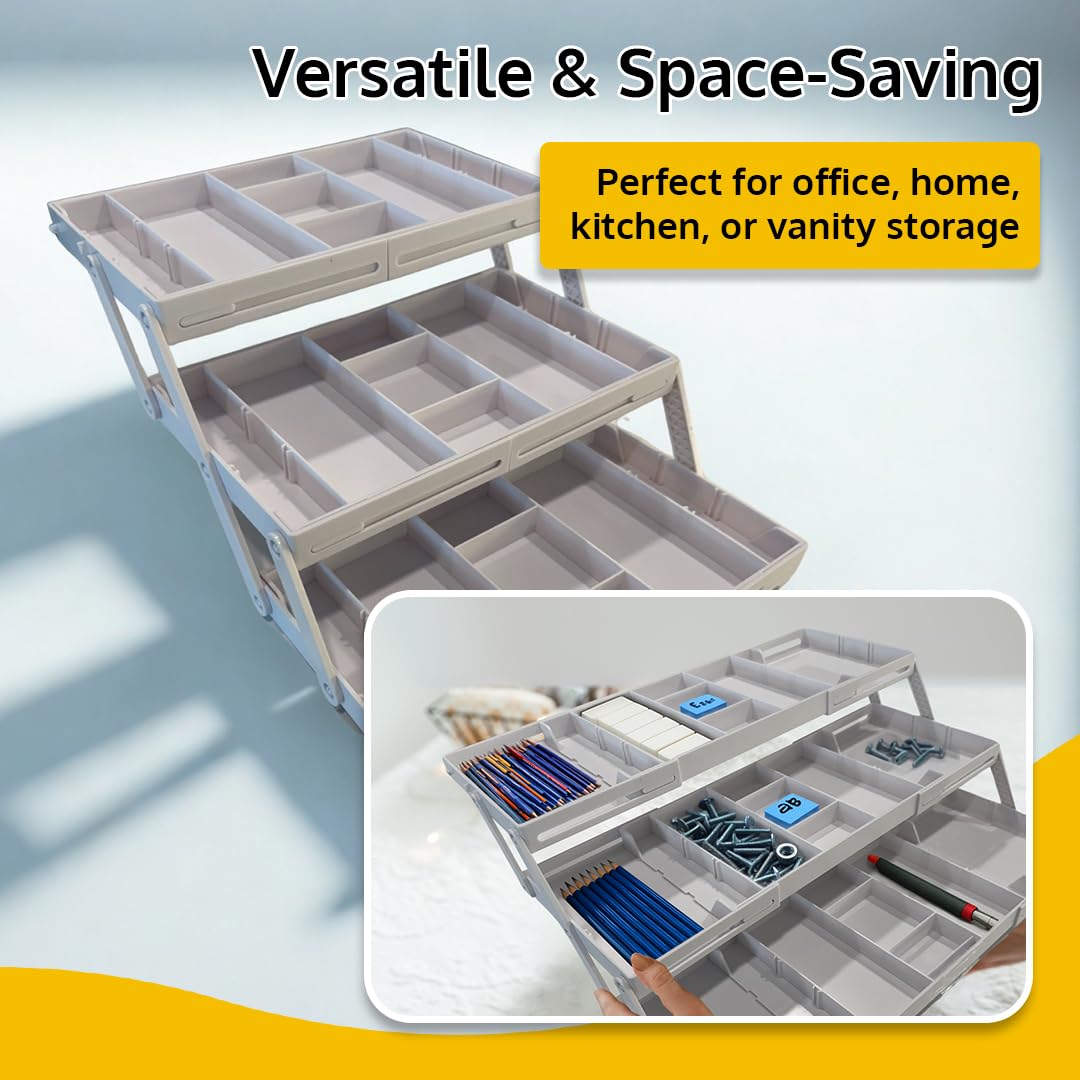 ThriveHive 3Tier Drawer Organizer adjustable dividers create personalized sections for cosmetics and office supplies.