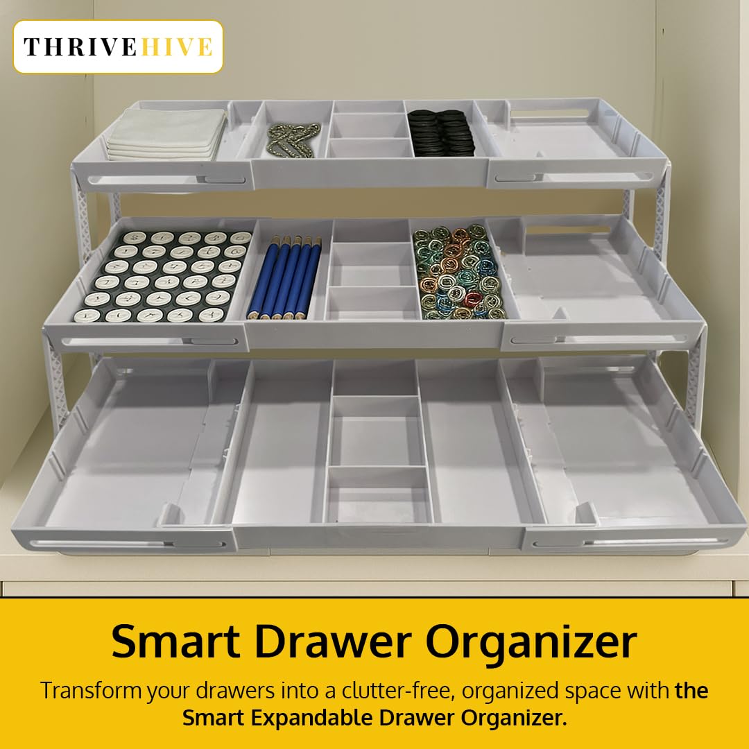 ThriveHive 3Tier Drawer Organizer expanded drawer shows extra storage for cosmetics.