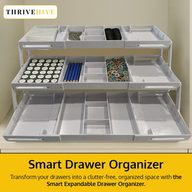 ThriveHive 3Tier Drawer Organizer expanded drawer shows extra storage for cosmetics.