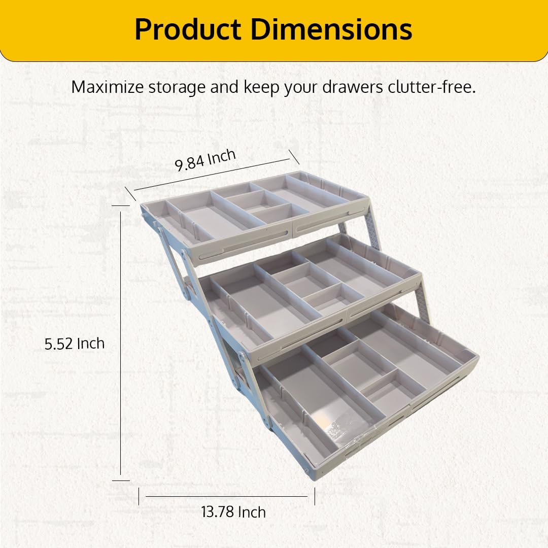 ThriveHive 3Tier Drawer Organizer folded size fits slim drawers and travel setup.