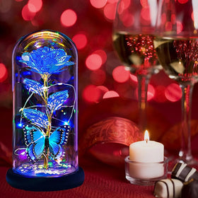 Thrjia blue LED rose in dome creates warm holiday ambience.