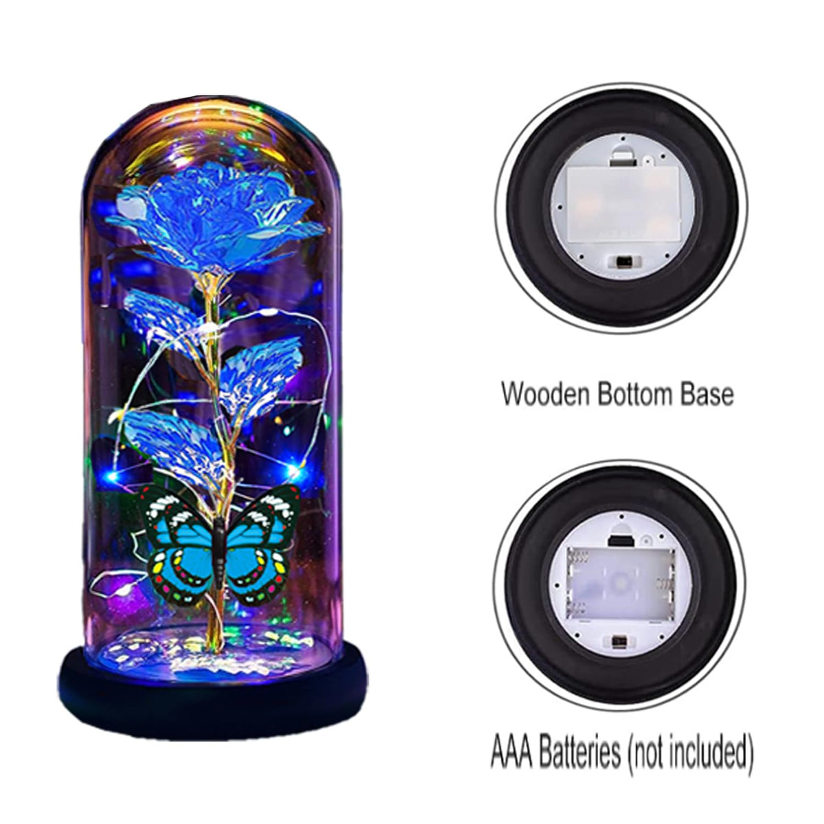 Thrjia rose inside dome with butterfly accent elevates gift presentation.