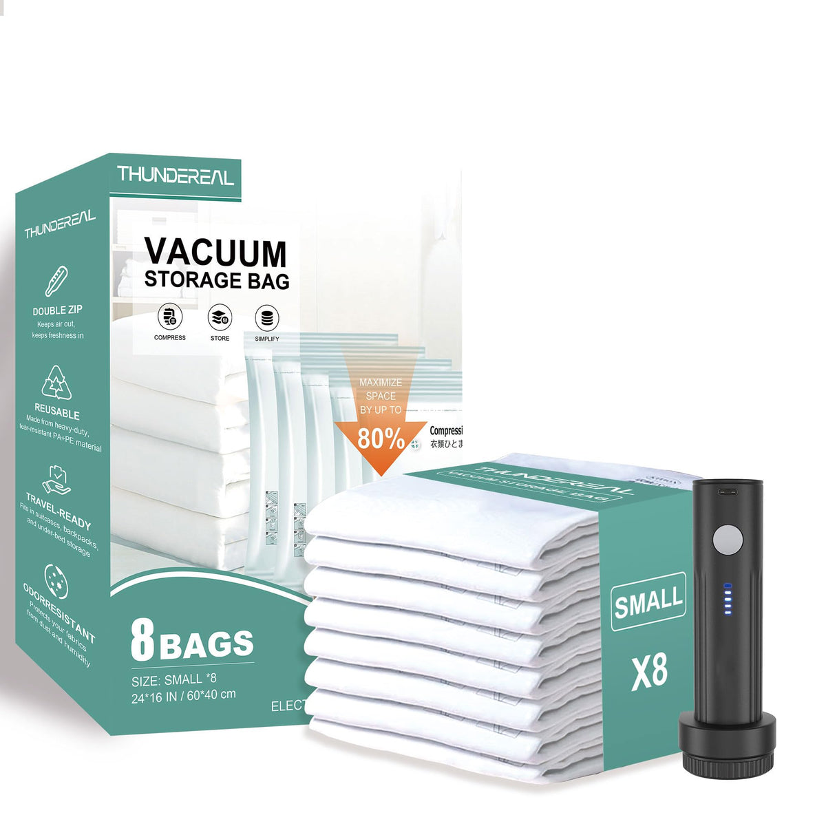 THUNDEREAL travel vacuum bags with E-Pump setup showing compact luggage savings