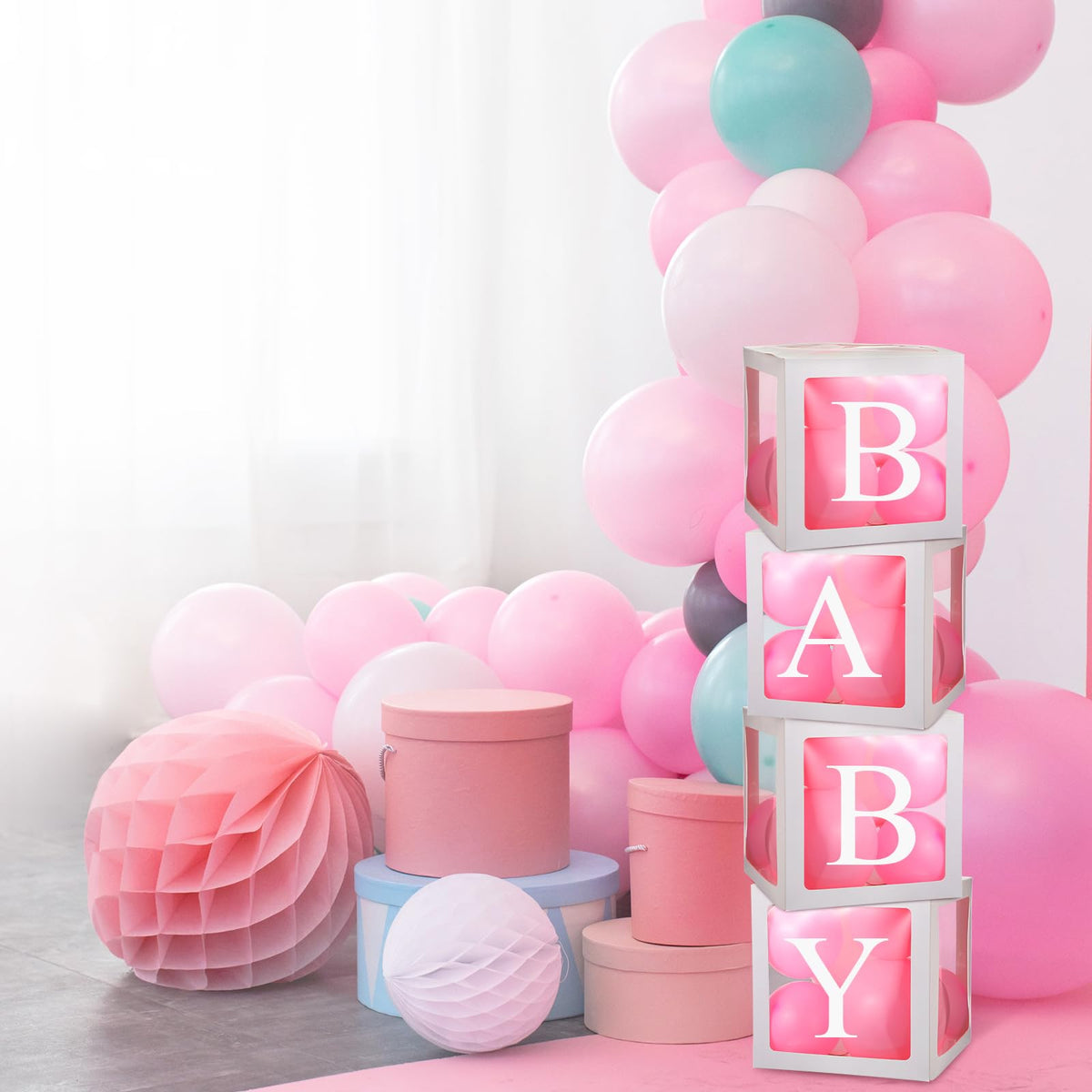 Thyle elegant baby shower decor idea with transparent boxes