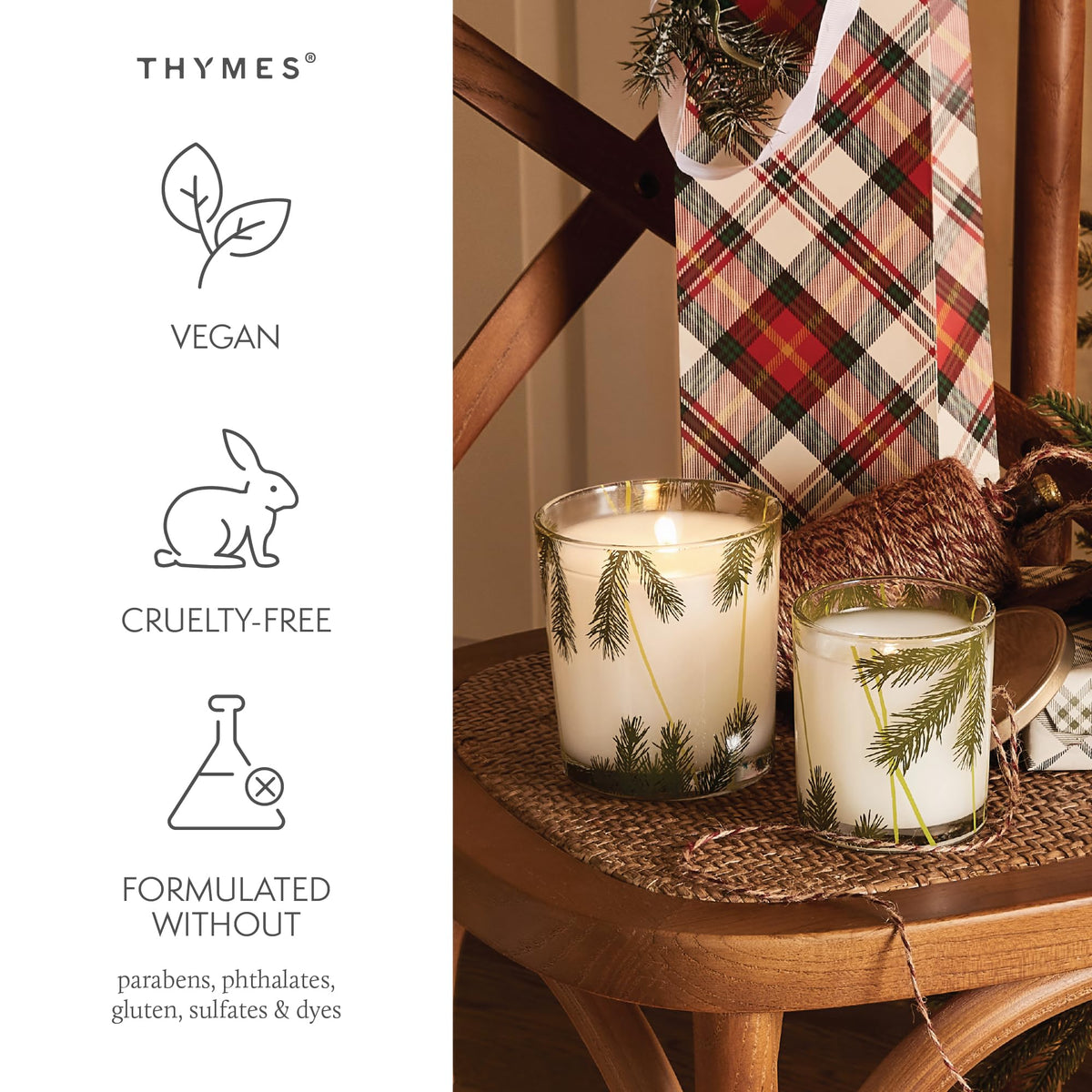 Thymes Frasier Fir burn time of 45 hours supports extended evenings.