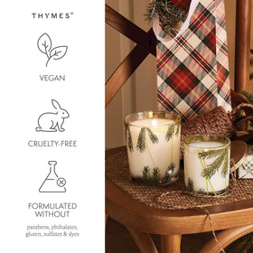 Thymes Frasier Fir burn time of 45 hours supports extended evenings.