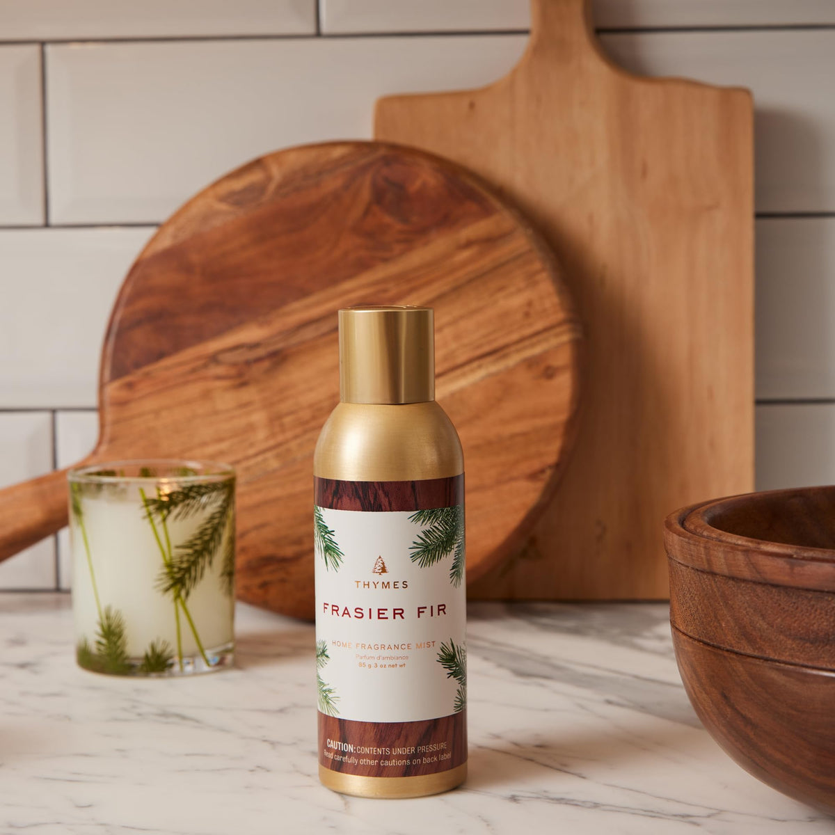 Thymes Frasier Fir fragrance closeup reveals crisp fir notes for a clean scent
