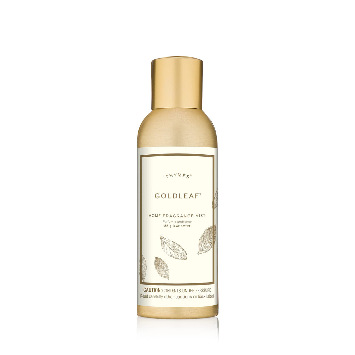 Thymes Home Fragrance Mist in Goldleaf bottle enhances room ambiance with lasting scent.