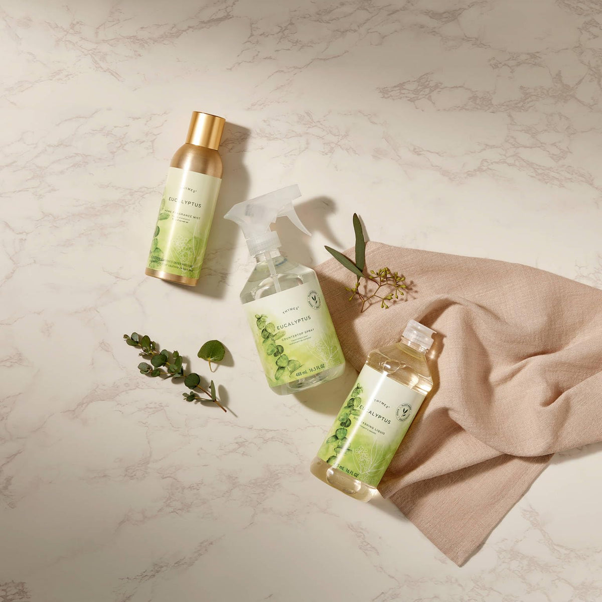 Thymes Home Fragrance Mist ingredients closeup highlighting eucalyptus and lemon ambiance