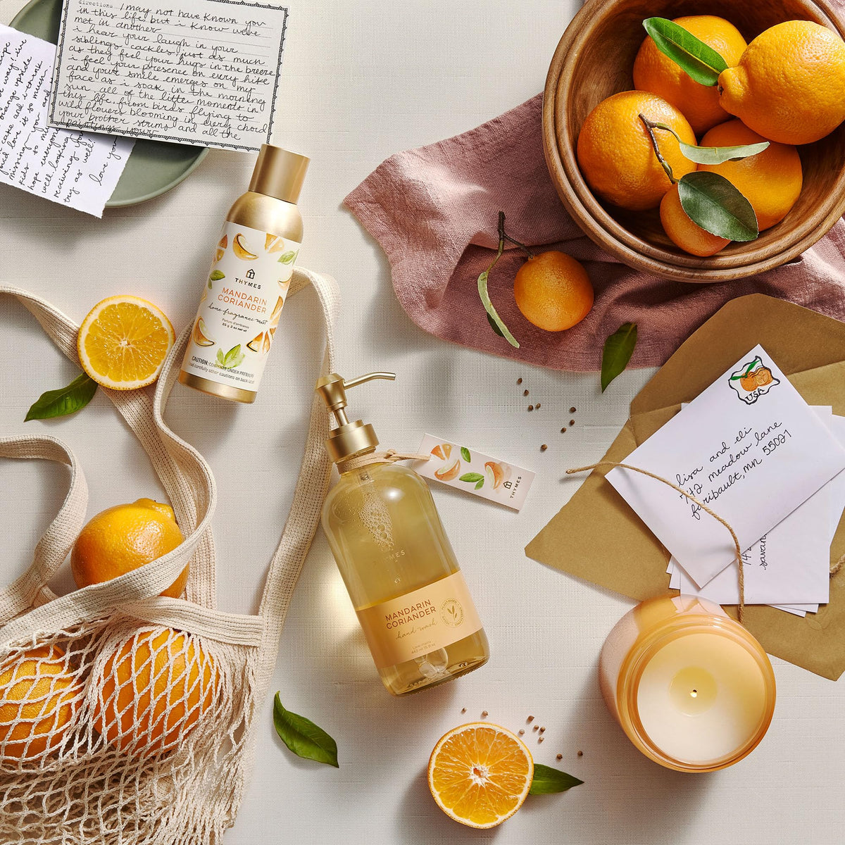 Thymes Mandarin Coriander packaging shown with premium fragrance presentation.