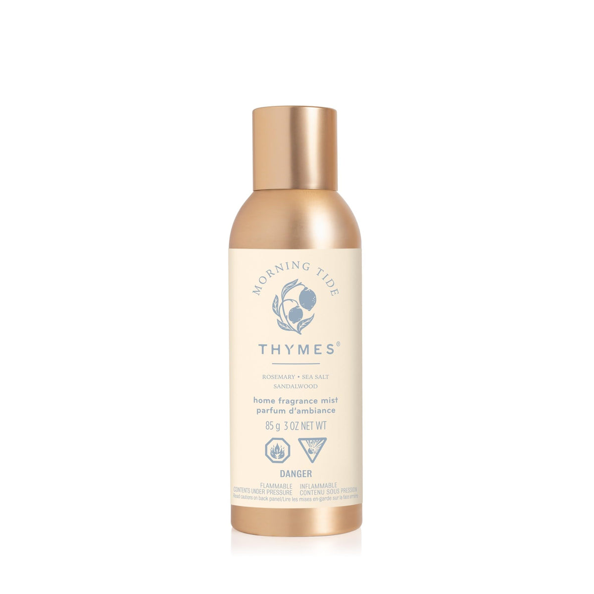 Thymes Morning Tide room mist bottle releases a fresh scent to energize mornings.