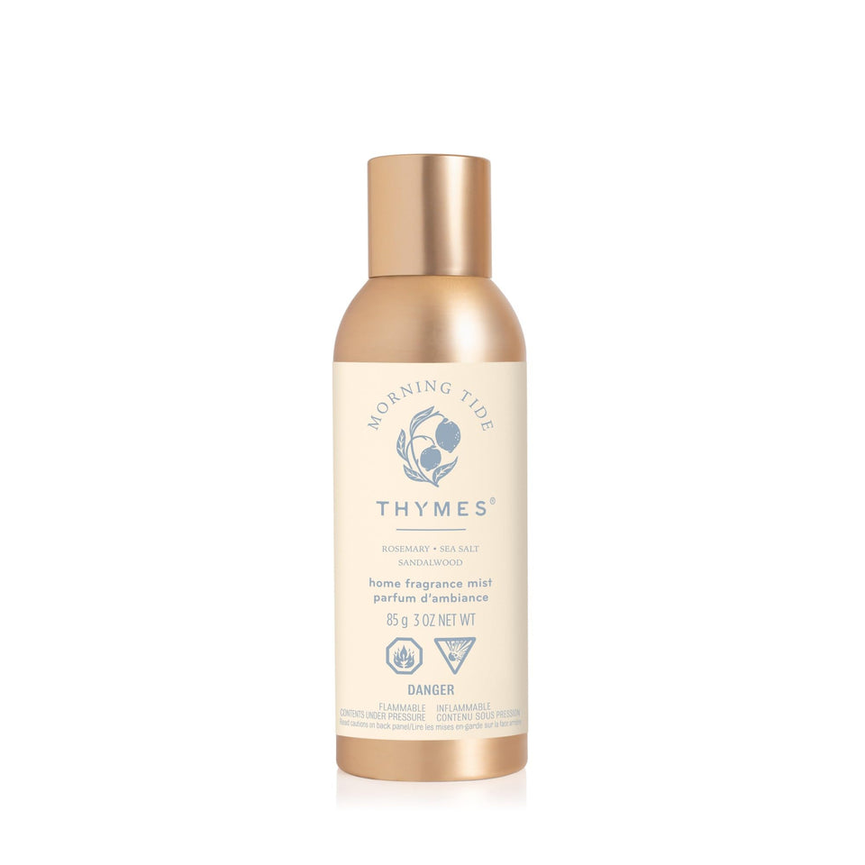 Thymes Morning Tide room mist bottle releases a fresh scent to energize mornings.