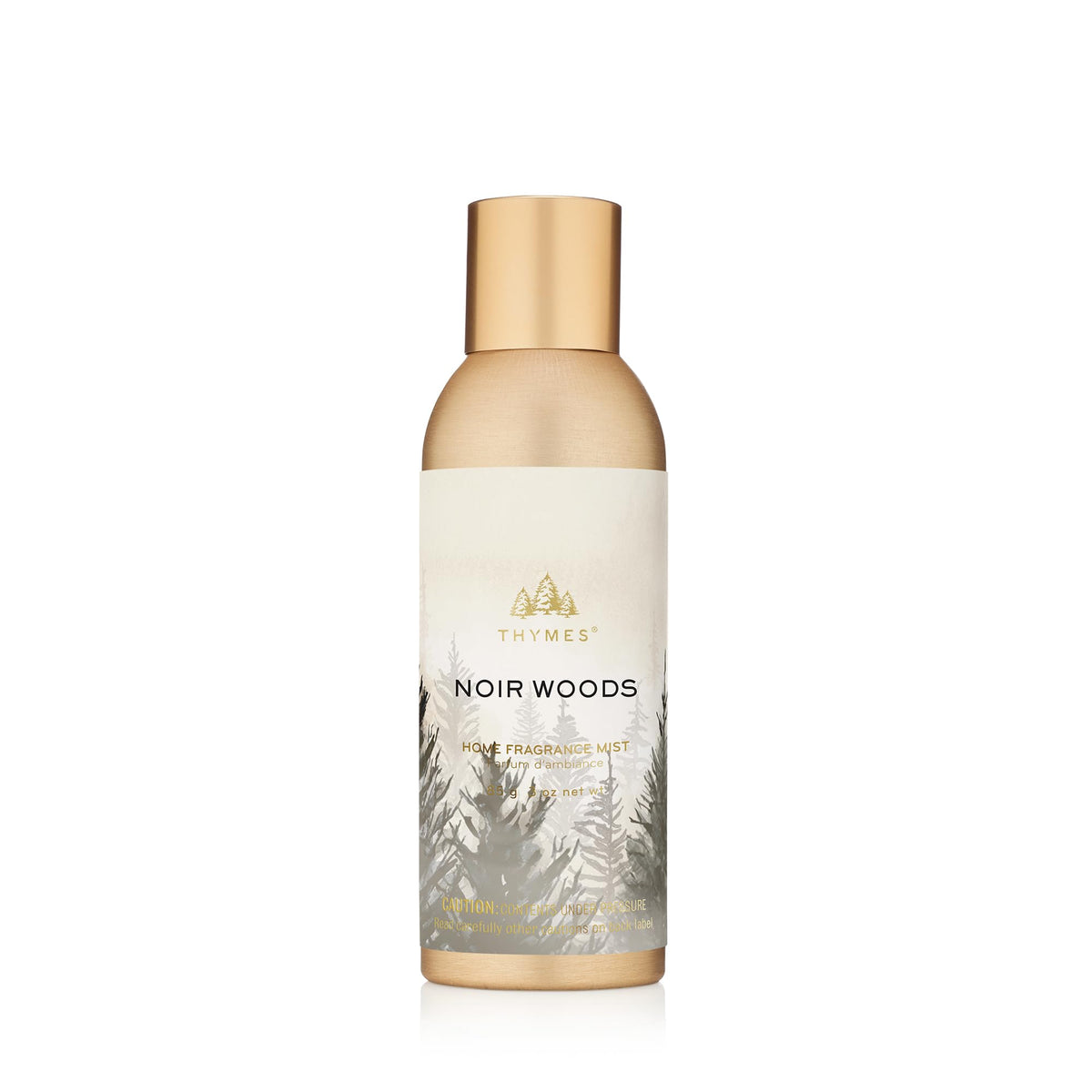 Thymes Noir Woods mist bottle closeup, delivering a refined room fragrance without flame.