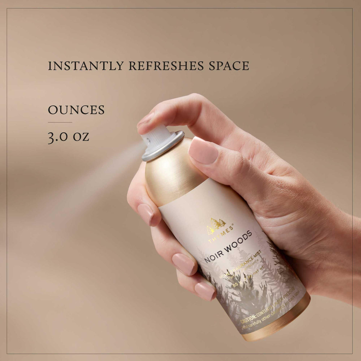 Thymes Noir Woods mist label detail, premium design complements modern decor.