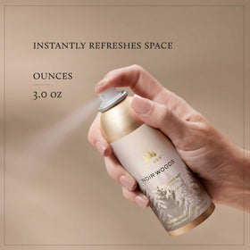 Thymes Noir Woods mist label detail, premium design complements modern decor.
