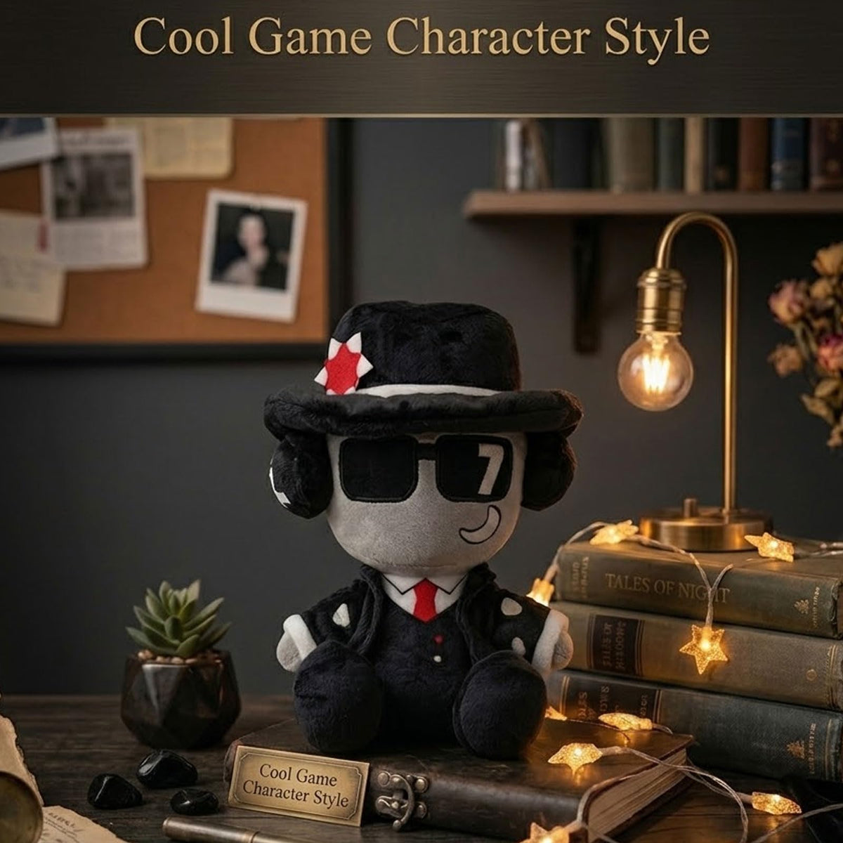 Thyubi Chance plush sentinel with sunglasses, adds chic gamer vibe to shelves.