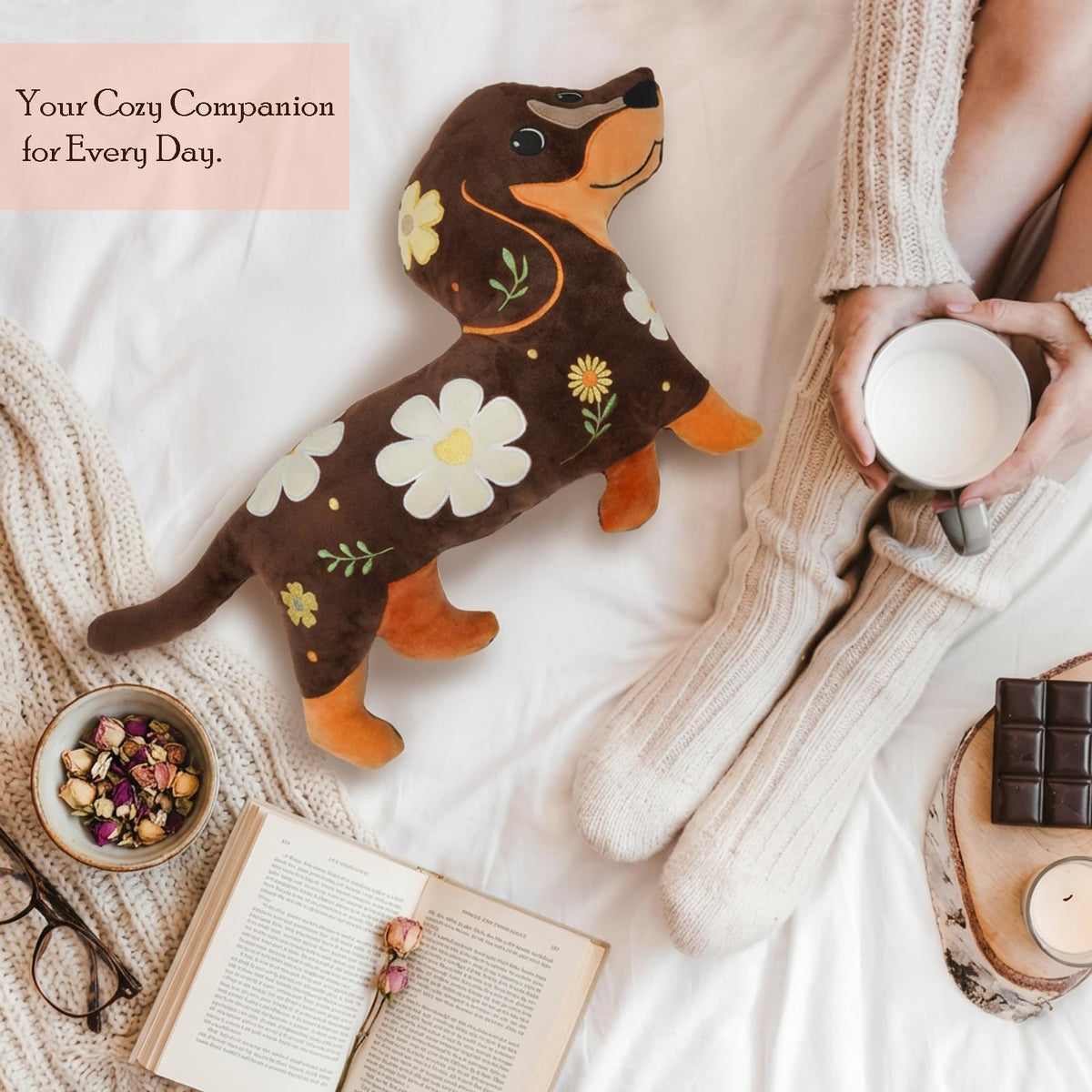 Tian Zhun dachshund pillow on a bed scene for cozy relaxation