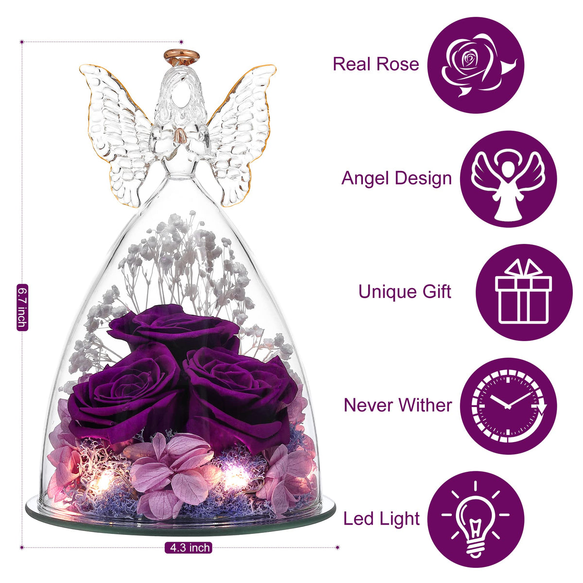 Tiaronics glass angel with three roses offers a timeless keepsake for birthdays or anniversaries.