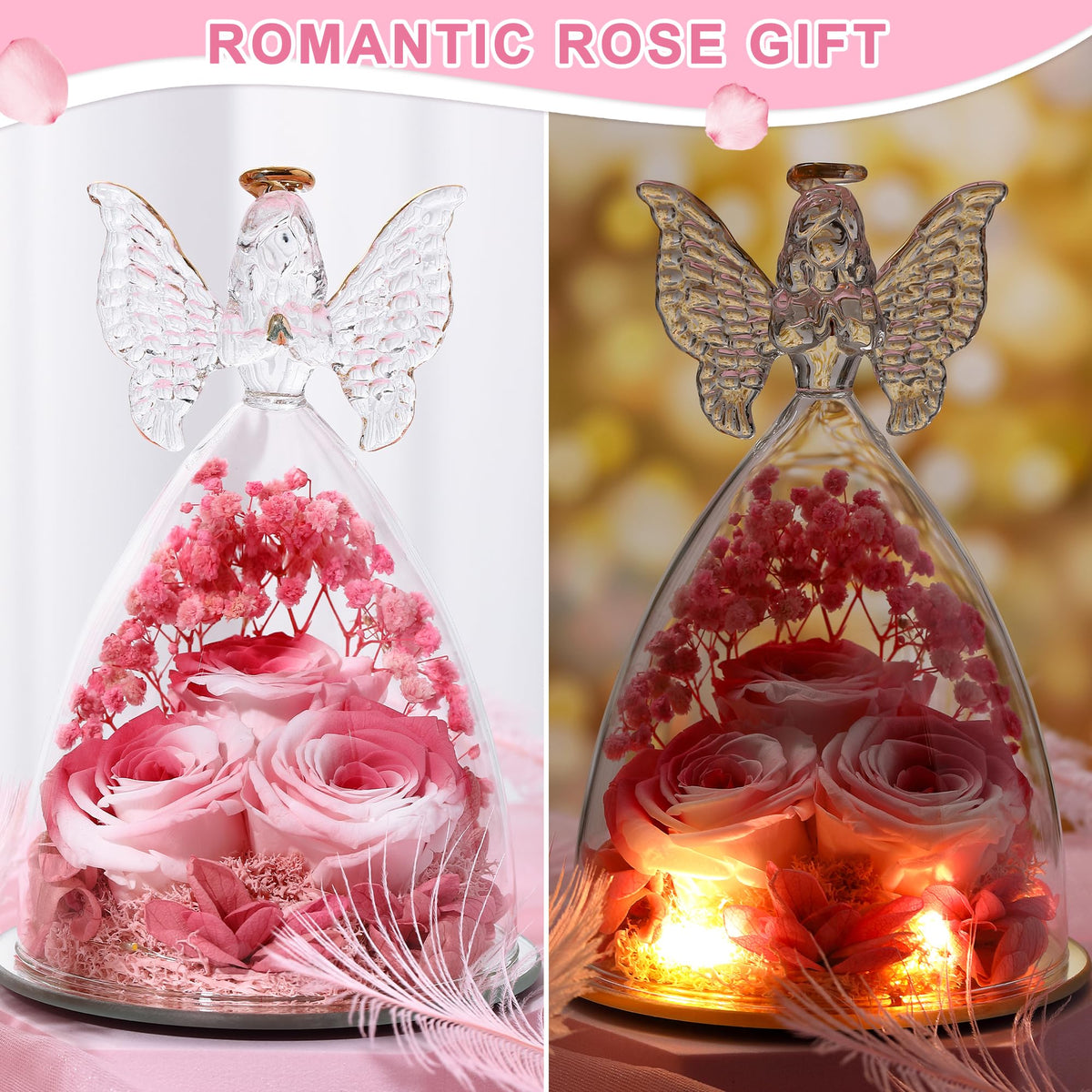 Three preserved roses inside a crystal angel for timeless decor.