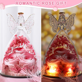 Three preserved roses inside a crystal angel for timeless decor.