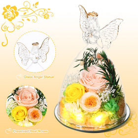 Tiaronics angel figurine houses three preserved roses for a romantic maternal gift.