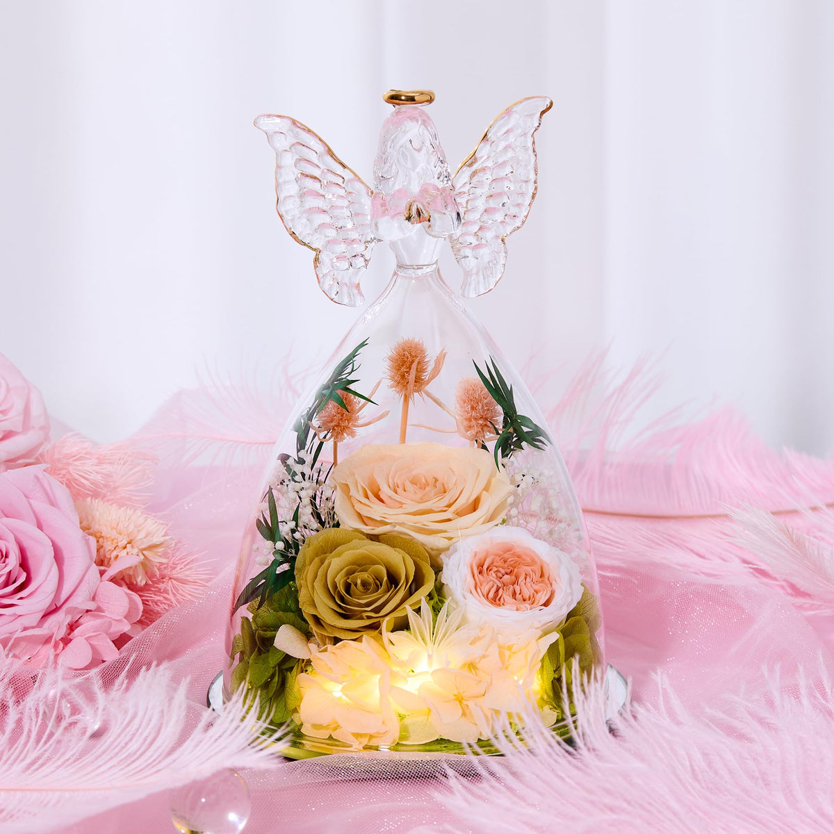 Tiaronics three-rose angel figurine showcases romantic keepsake on a shelf