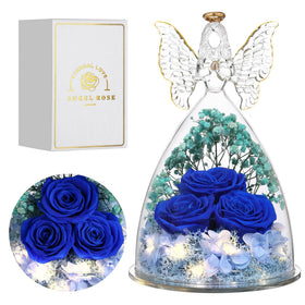 Tiaronics angel rose bouquet inside glass figurine in dark blue, a timeless keepsake for home decor