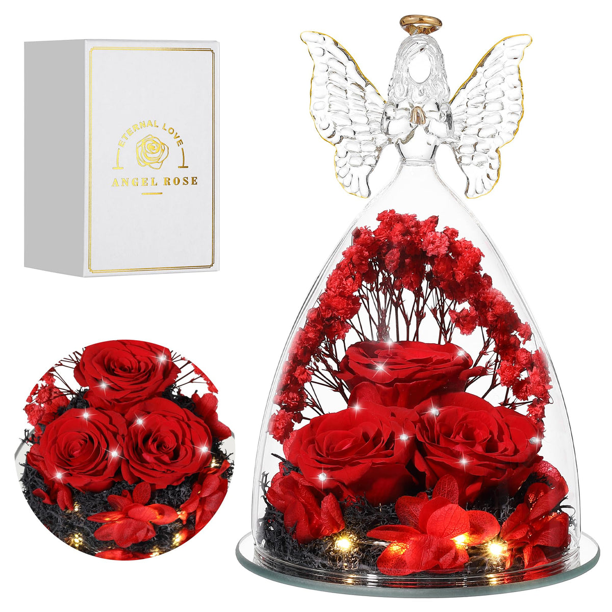 Tiaronics angel figure with preserved roses inside glass for a lasting keepsake.