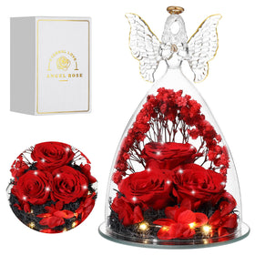 Tiaronics angel figure with preserved roses inside glass for a lasting keepsake.