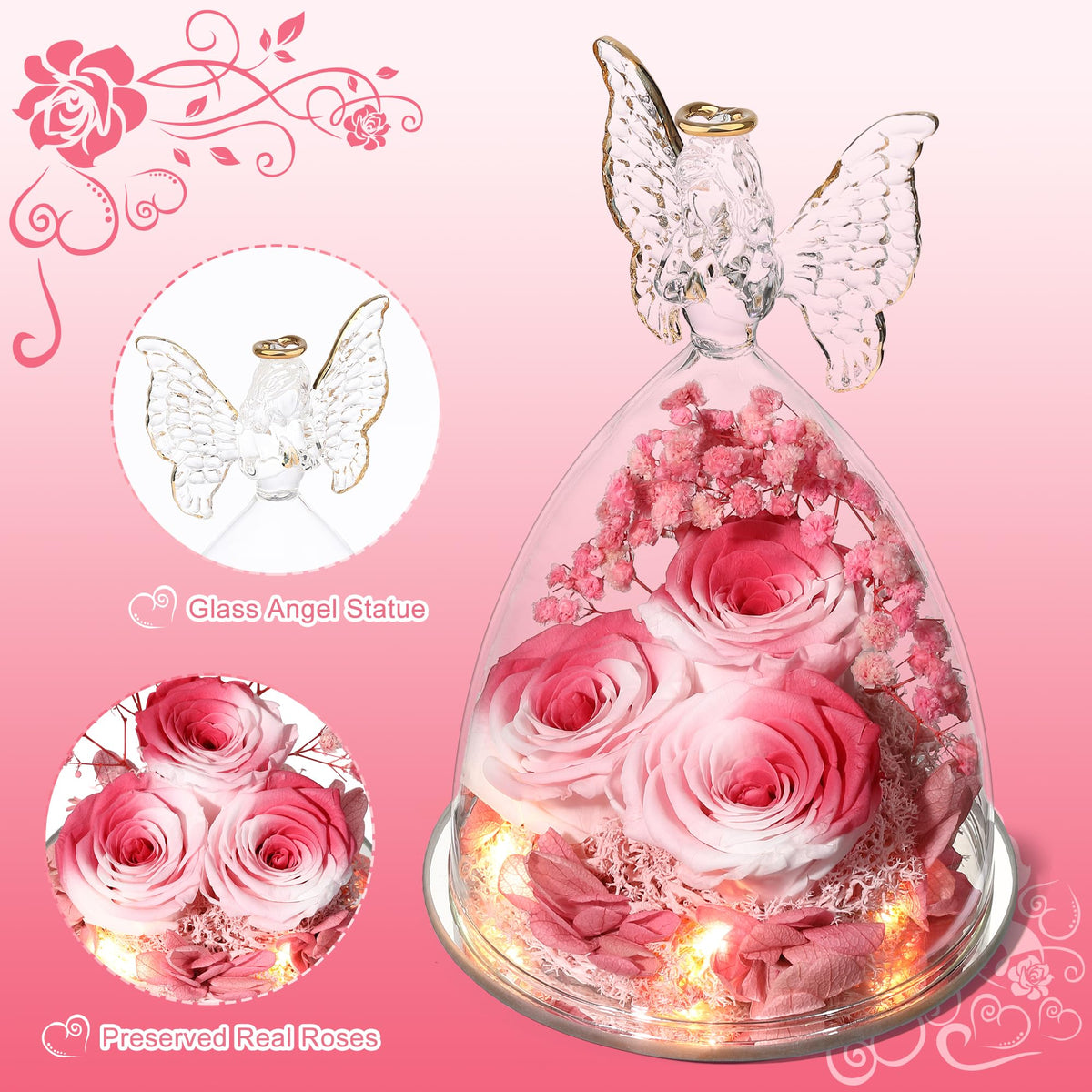 Desk centerpiece with Tiaronics rose angel, adds a soft focal point.