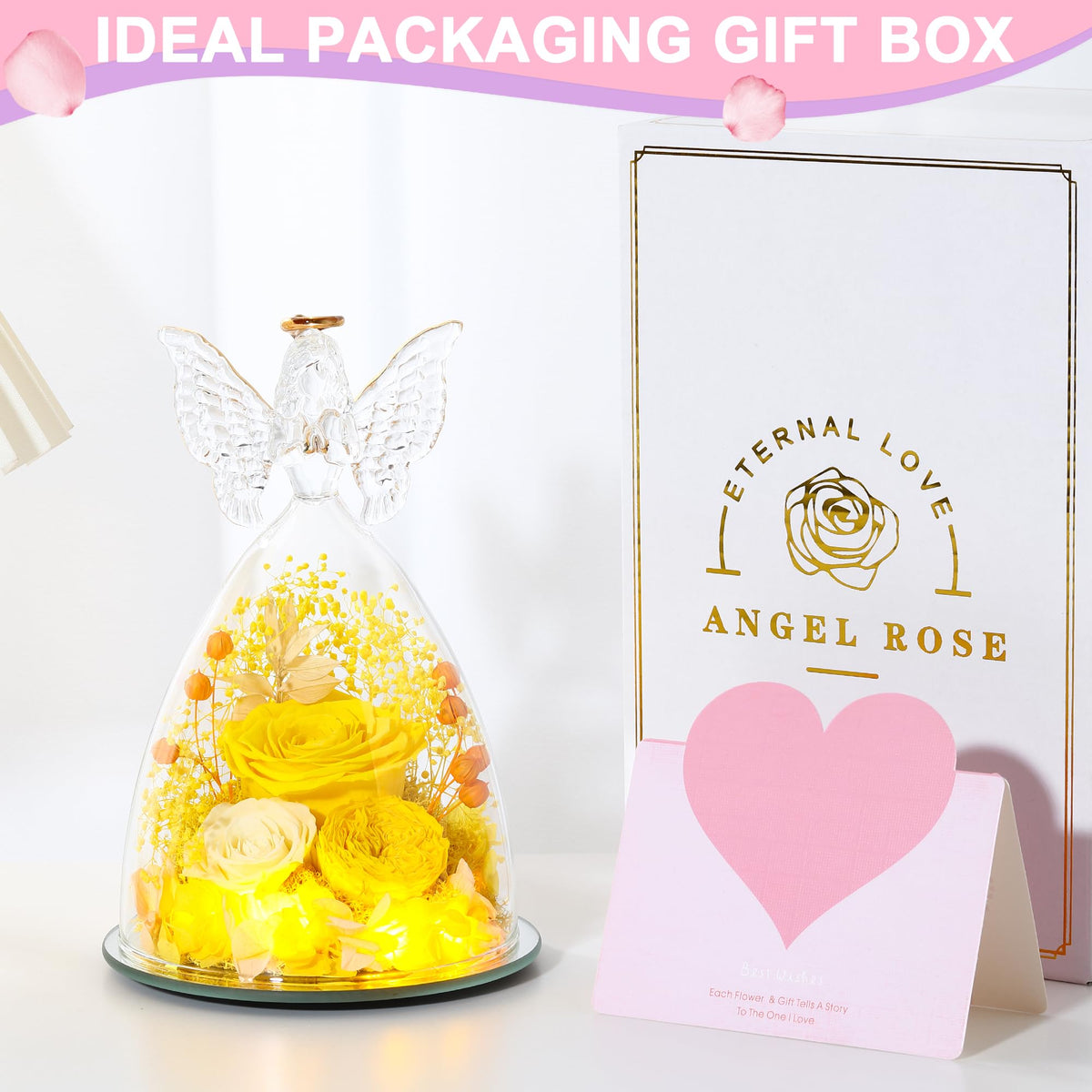 Tiaronics gift-ready packaging for angel figurine with preserved roses