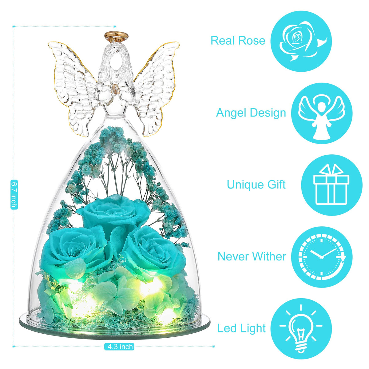 Tiaronics glass angel with 11 cm diameter and 17 cm height for elegant display.