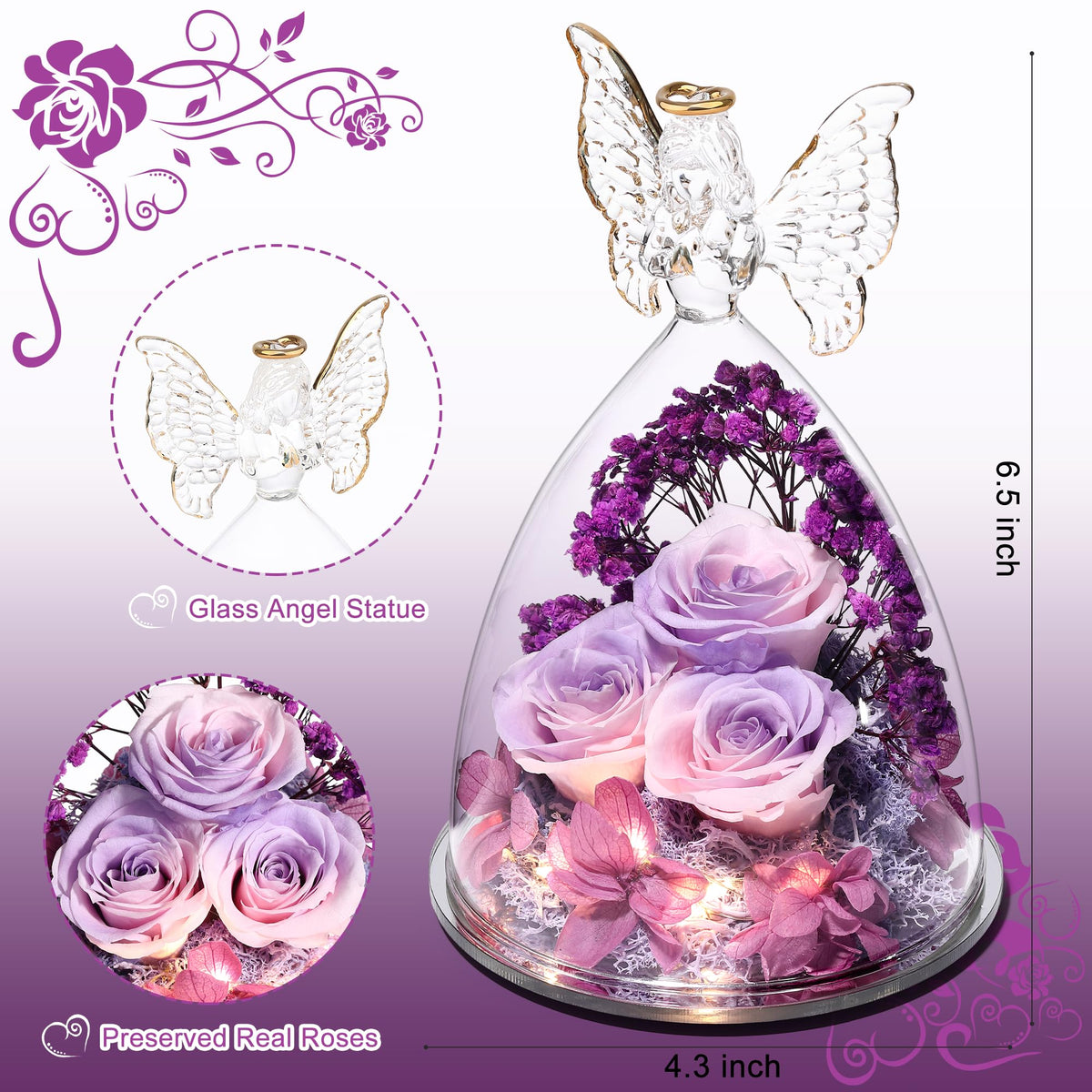 Tiaronics glass angel display frame holds three forever roses.