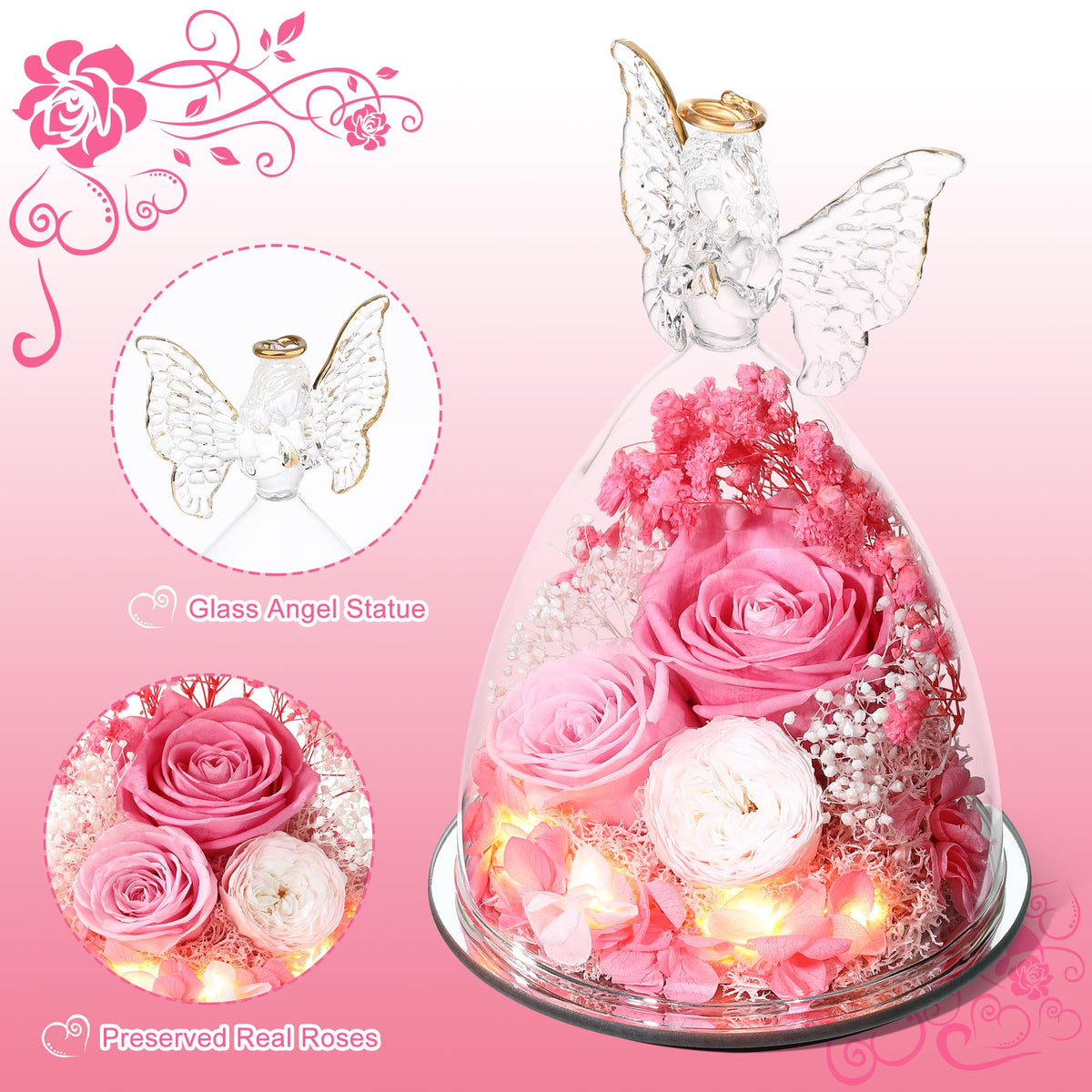 Tiaronics glass angel figurine with roses presents an elegant keepsake
