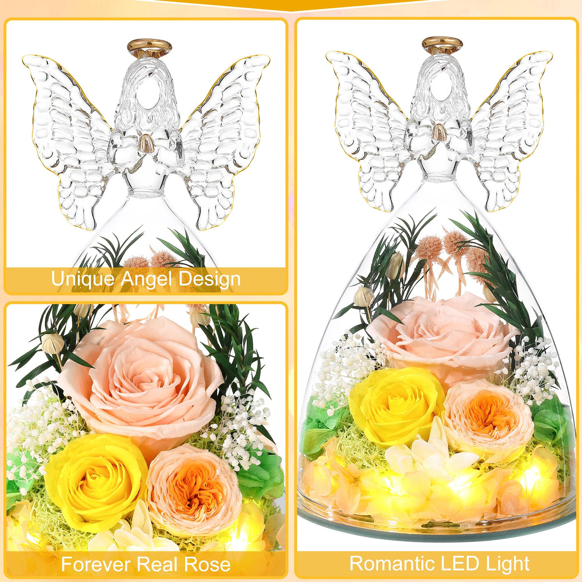 Tiaronics close-up of the glass angel with preserved roses—enduring beauty.