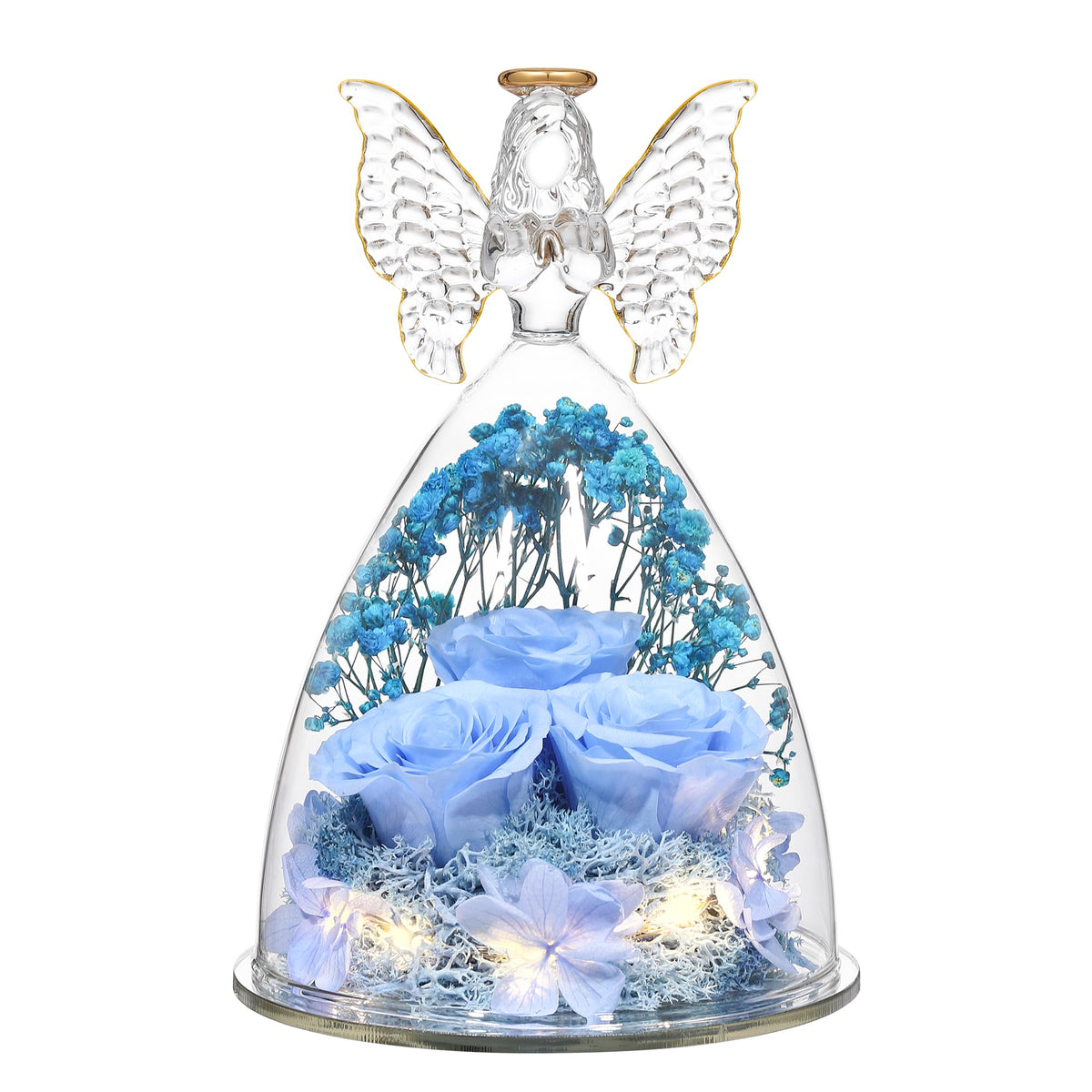 Tiaronics preserved roses inside a glass angel offer a long-lasting display.