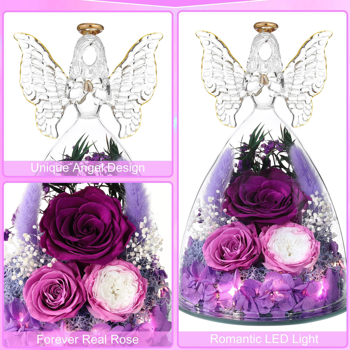 Tiaronics glass angel with roses offers a compact, elegant display.
