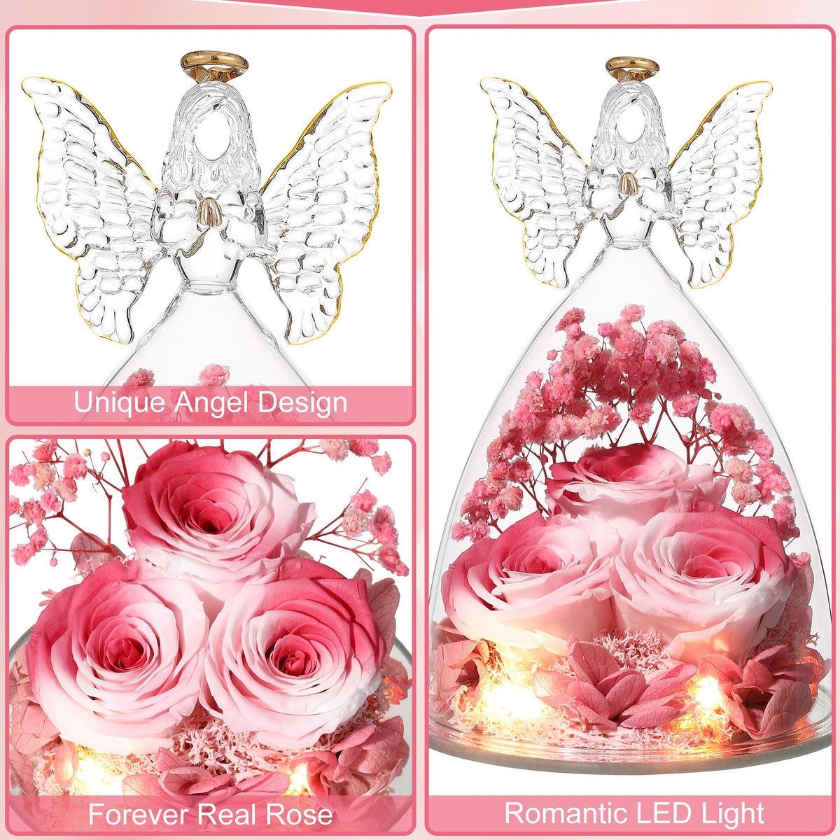 Glass angel with white preserved roses, elegant display piece.