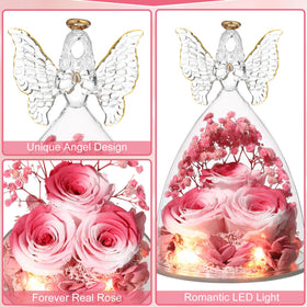 Glass angel with white preserved roses, elegant display piece.