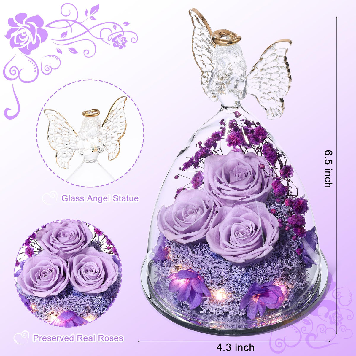 Tiaronics glass angel with rose bouquet designed to last and charm on display.