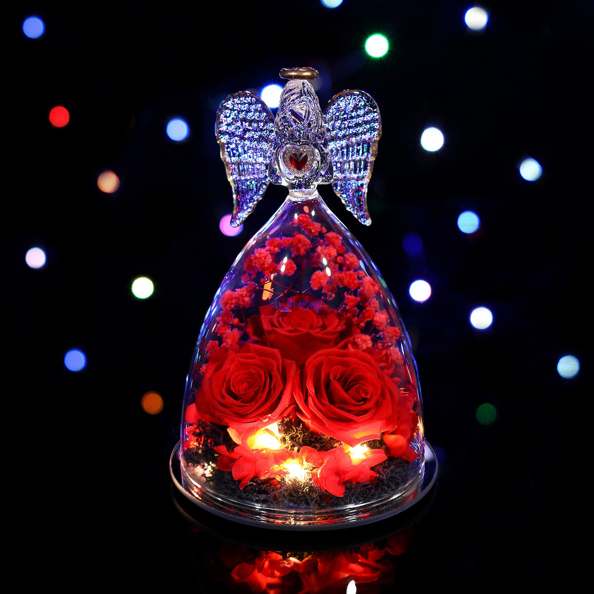 Tiaronics handcrafted glass angel figurine complements the rose for elegant décor.