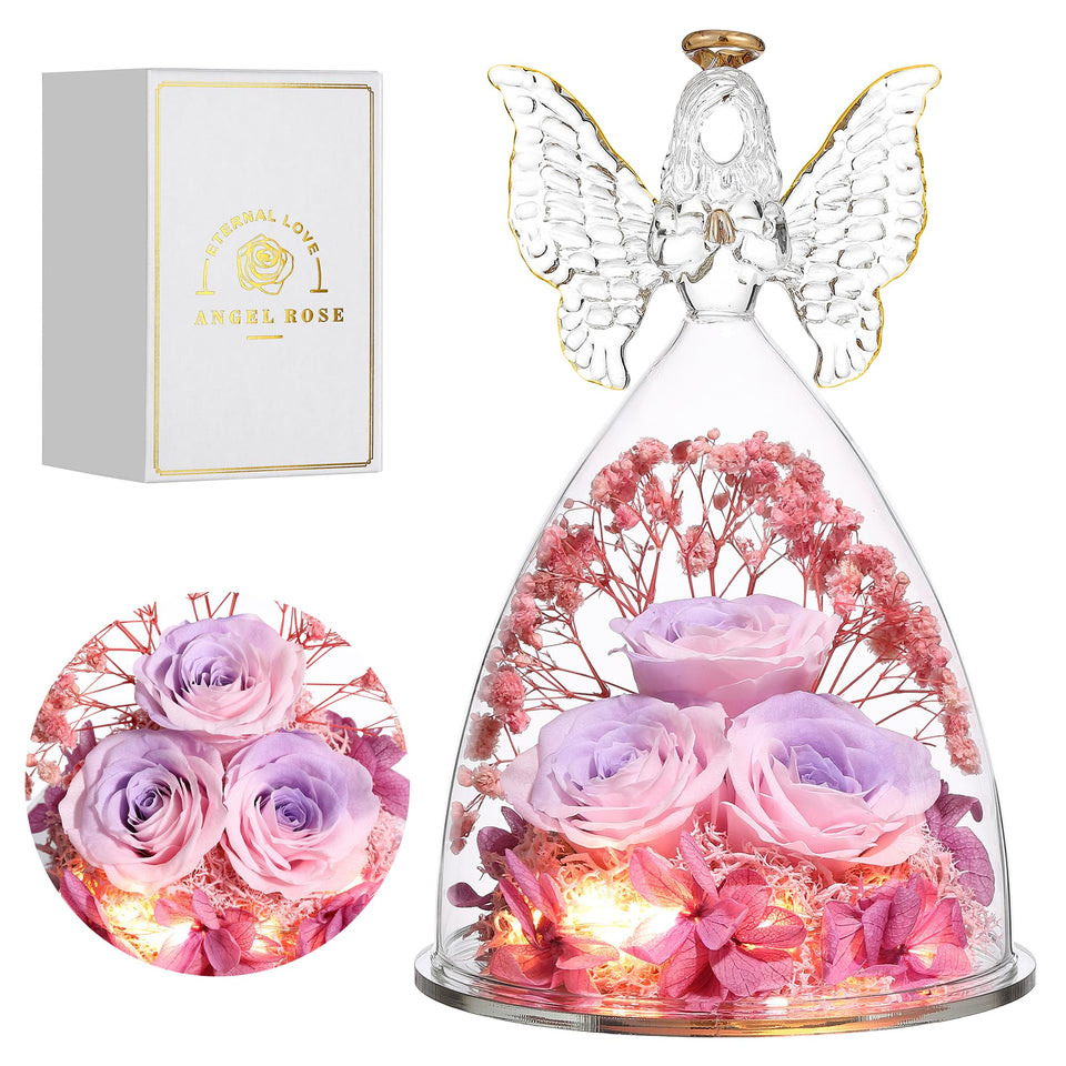 Tiaronics glass angel with three roses inside, lasting keepsake gift