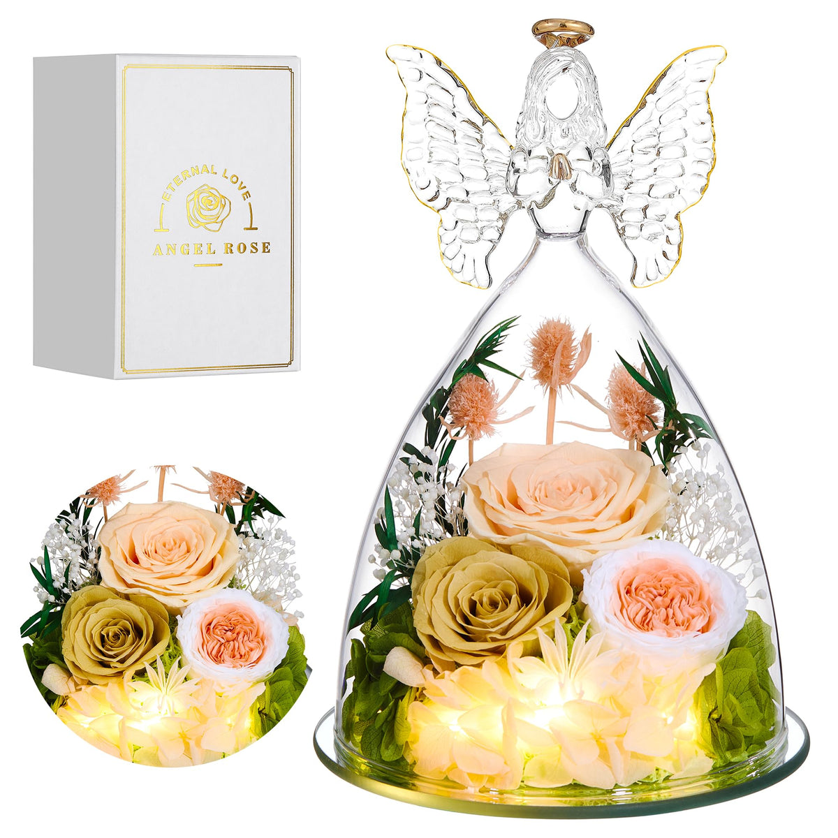 Tiaronics Mothers Day rose in glass angel figurine with champagne-gold finish for elegant gifting