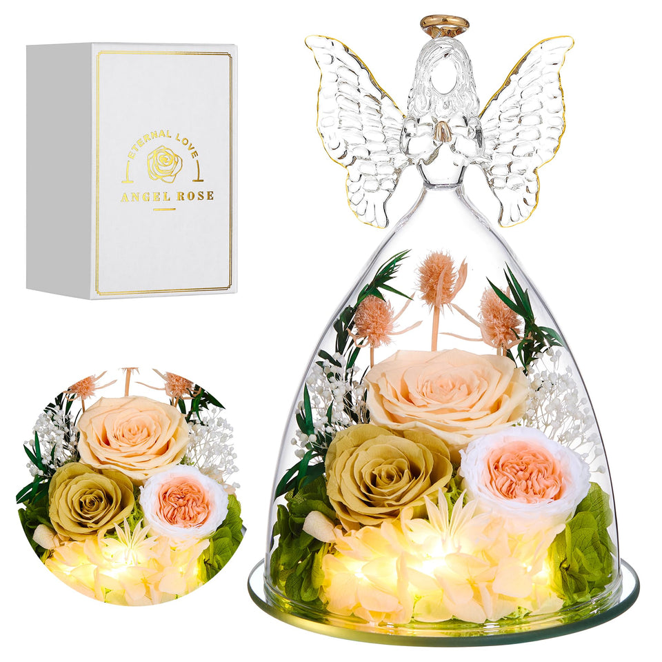 Tiaronics Mothers Day rose in glass angel figurine with champagne-gold finish for elegant gifting